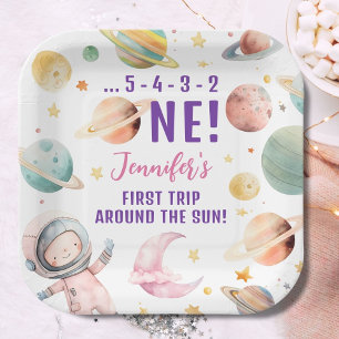 First Trip Around the Sun Girl Space 1st Birthday Paper Plates