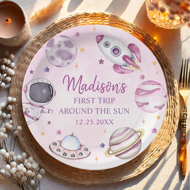 First Trip Around The Sun Girl Space 1st Birthday Paper Plates (Creator Uploaded)