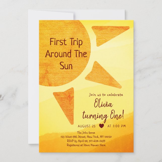 First Trip Around The Sun Gold Sunshine Birthday Invitation (Front)