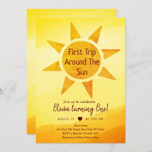 First Trip Around The Sun Gold Sunshine Birthday Invitation