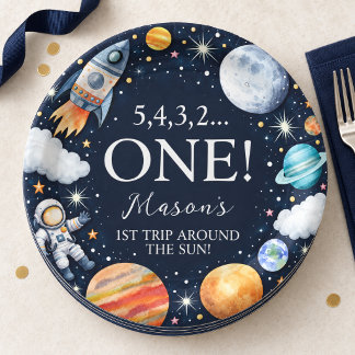 First Trip Around the Sun Navy Space Birthday Paper Plates