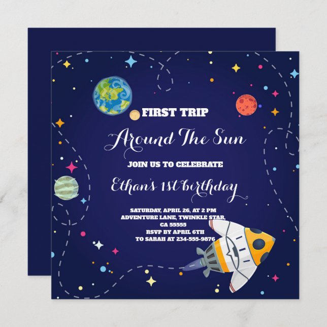 First Trip Around the Sun Outer Space 1st Birthday Invitation (Front/Back)