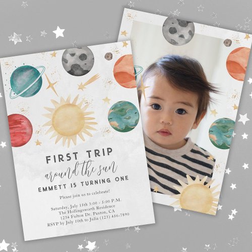 First Trip Around the Sun Outer Space 1st Birthday Invitation