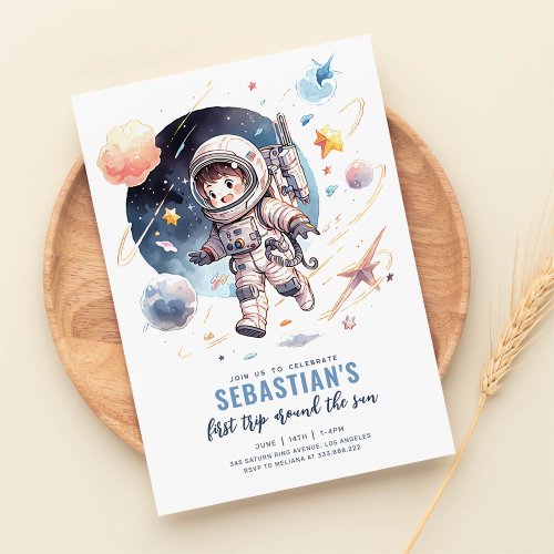 First Trip Around the Sun Outer Space 1st Birthday Invitation