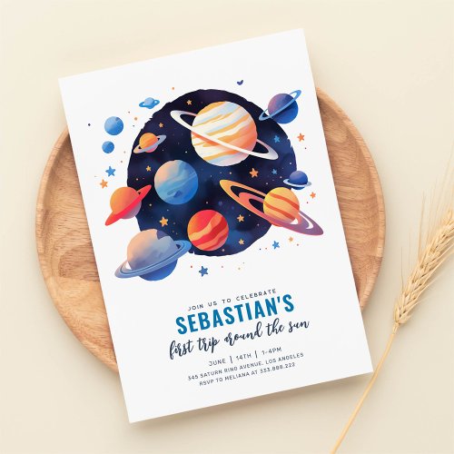 First Trip Around the Sun Outer Space 1st Birthday Invitation