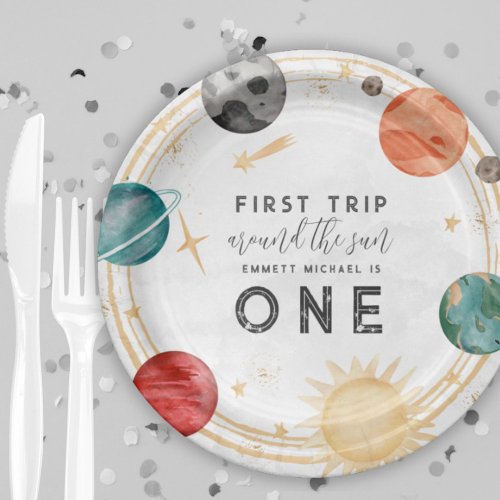 First Trip Around the Sun Outer Space 1st Birthday Paper Plates