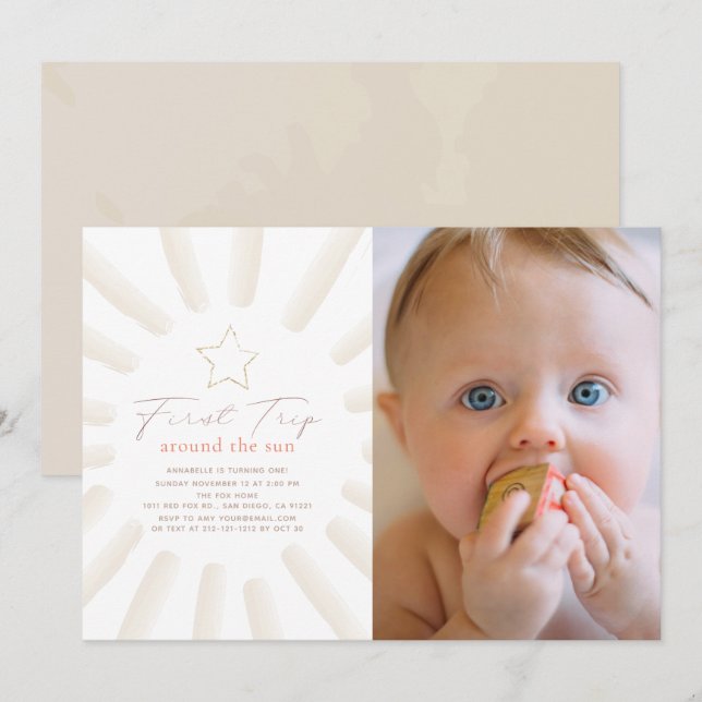 First Trip Around The Sun Photo Boho 1st Birthday Invitation (Front/Back)