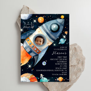 First Trip Around The Sun Photo Rocket Birthday Invitation