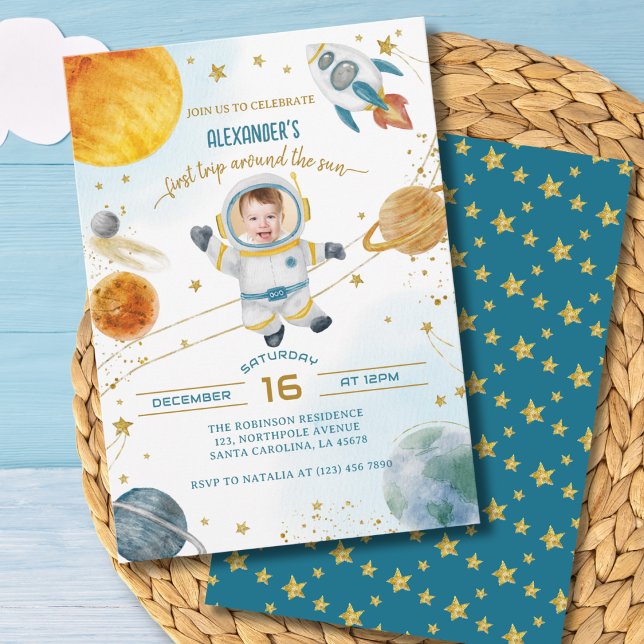 First Trip Around the Sun Photo Space Birthday Invitation (Creator Uploaded)