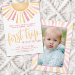 First Trip Around The Sun Pink Photo 1st Birthday Invitation<br><div class="desc">Celebrate your little one's First Trip Around the Sun with this bright and cheerful 1st birthday party invitation. At the top, "First Trip" is featured in bold script calligraphy, setting a joyful tone. The design showcases a big sun with vibrant rays in yellow, orange, pink, and red, creating a playful...</div>