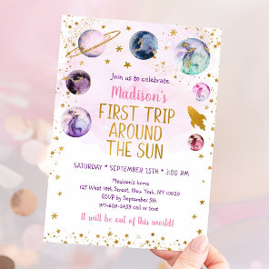 First Trip Around The Sun Pink Space Birthday Invitation