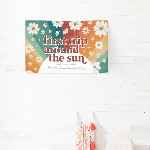 First Trip Around the Sun  Retro Daisy Rainbow  Banner