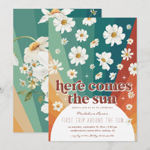 First Trip Around the Sun Retro Daisy Rainbow Invitation