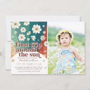 First Trip Around the Sun Retro Daisy Rainbow Invitation