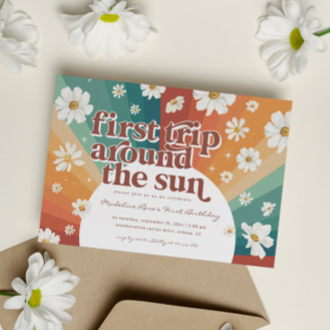 First Trip Around the Sun | Retro Daisy Rainbow Invitation