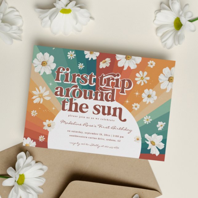 First Trip Around the Sun | Retro Daisy Rainbow Invitation