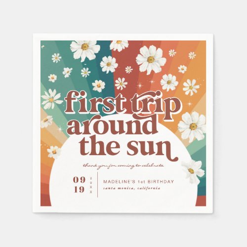 First Trip Around the Sun  Retro Daisy Rainbow Napkins