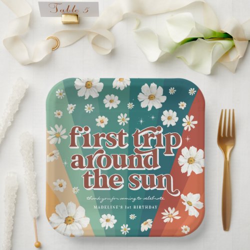 First Trip Around the Sun  Retro Daisy Rainbow  Paper Plates