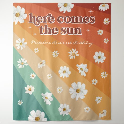 First Trip Around the Sun  Retro Daisy Rainbow Tapestry