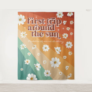 First Trip Around the Sun Retro Daisy Rainbow Tapestry