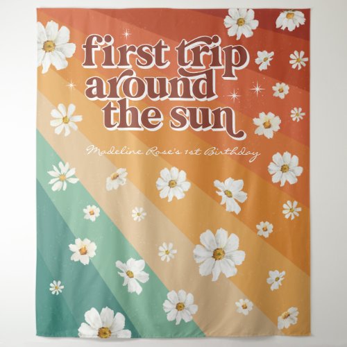 First Trip Around the Sun  Retro Daisy Rainbow Tapestry