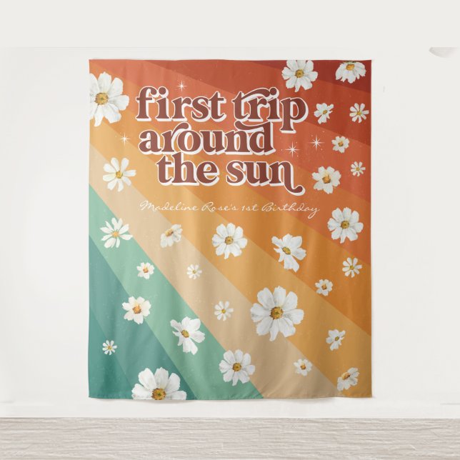 First Trip Around the Sun | Retro Daisy Rainbow Tapestry (Front)