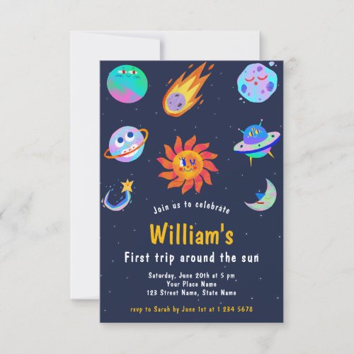 First Trip Around The Sun Space 1st Birthday Party Invitation