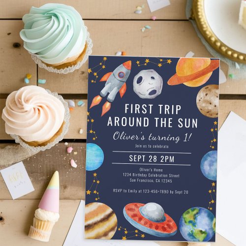 First Trip Around The Sun Space 1st Birthday Party Invitation