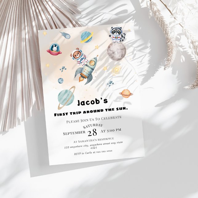 First Trip Around the Sun space Animals Birthday  Invitation (Creator Uploaded)