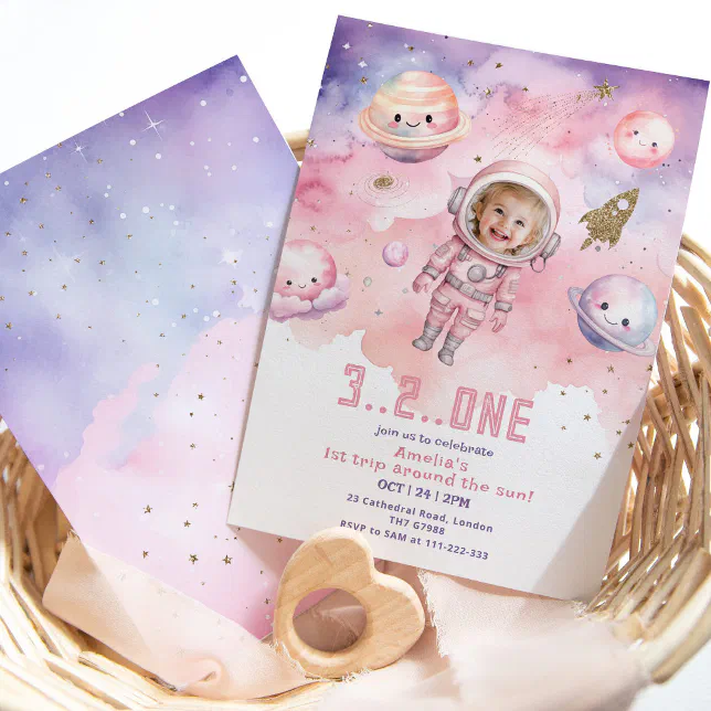 First trip around the Sun Space girl photo Invitation
