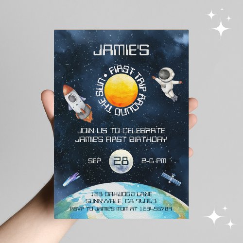 First Trip Around The Sun Space Theme 1st Birthday Invitation