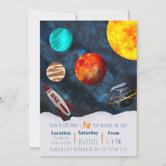 First Trip Around the Sun Space Theme Boy Planets Invitation (Front)