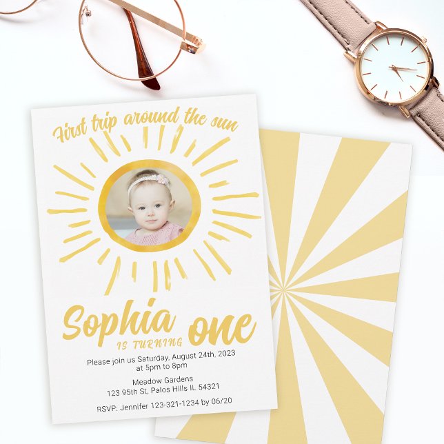 First trip around the sun sunshine birthday photo invitation (Creator Uploaded)
