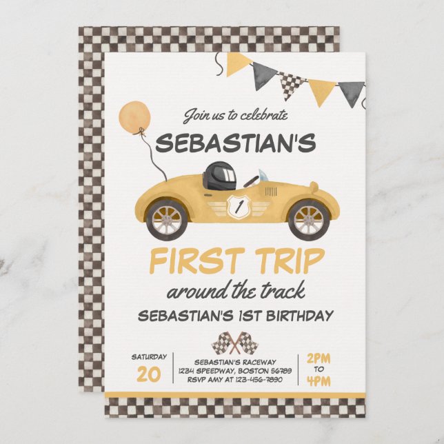 First Trip Around The Track Race Car 1st Birthday Invitation (Front/Back)