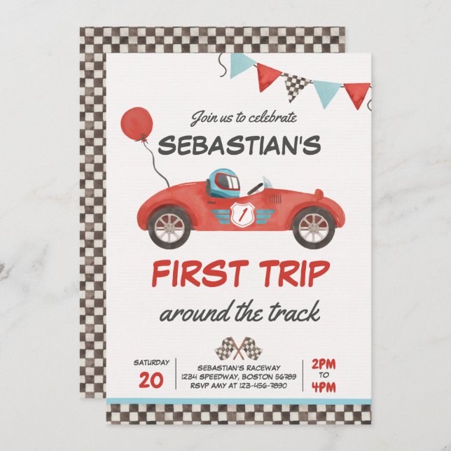 First Trip Around The Track Race Car 1st Birthday Invitation (Front/Back)