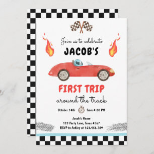 First Trip Around the Track Red Race Car Birthday Invitation
