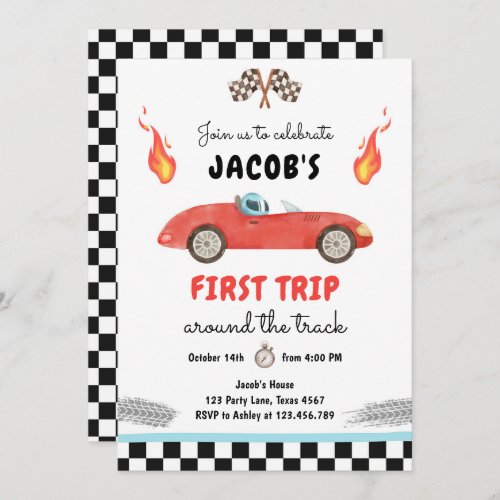 First Trip Around the Track Red Race Car Birthday Invitation