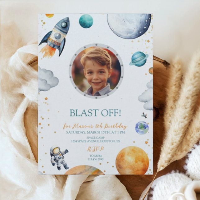 First Trip Astronaut Rocket Photo Birthday Invitation (Creator Uploaded)