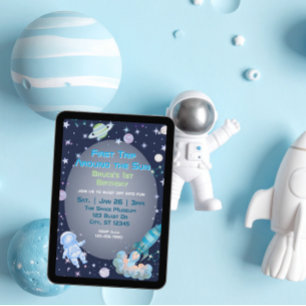 First Trip, Blue Green Space 1st Birthday Invitation