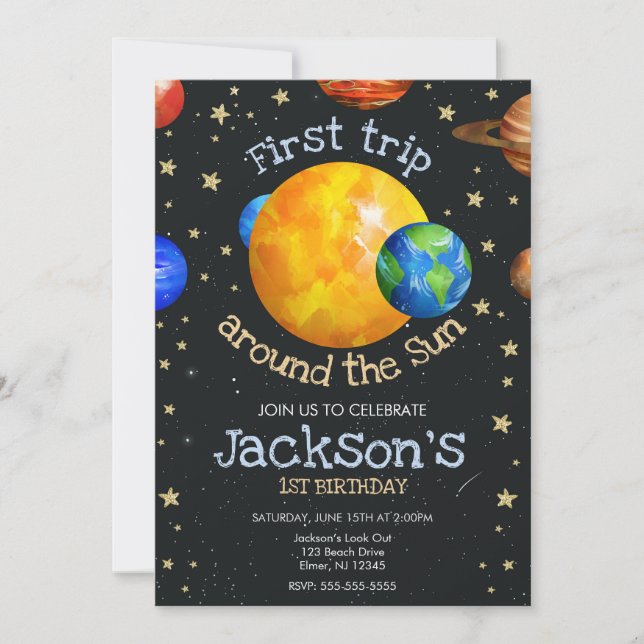 First Trip Outer Space 1st Birthday Boy Invitation (Front)