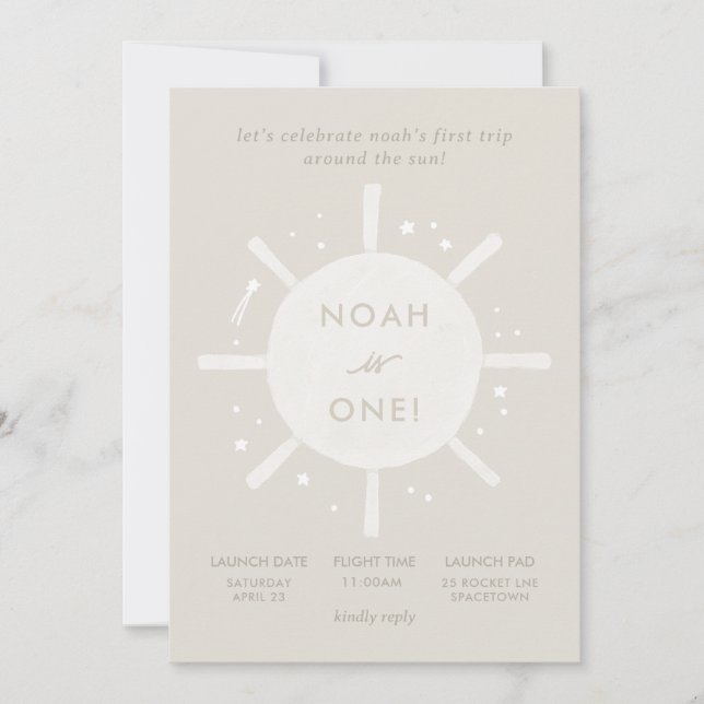 ‘First Trip’ Sun Stars Space 1st Birthday Invitation (Front)