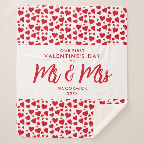 First Valentines As Mr Mrs Red Hearts Personalized Sherpa Blanket