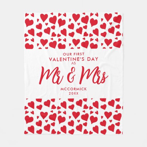 First Valentines Day as Mr and Mrs Red Hearts Fleece Blanket