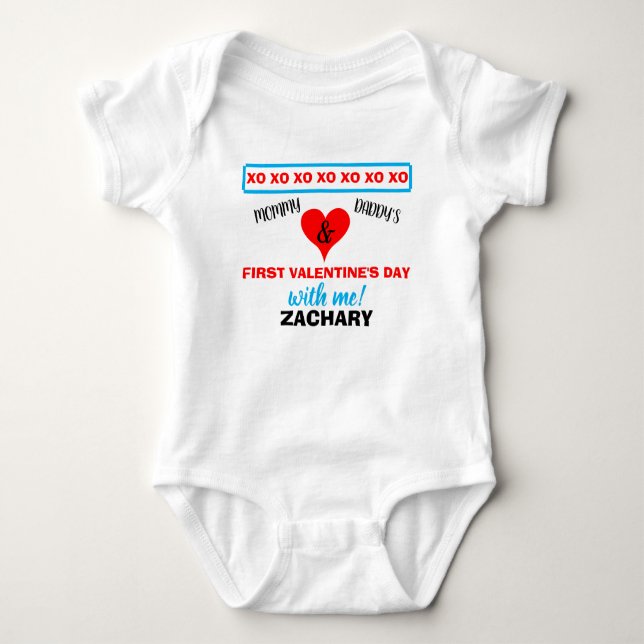 First Valentine's Day Blue Boy NAME Baby Bodysuit (Front)