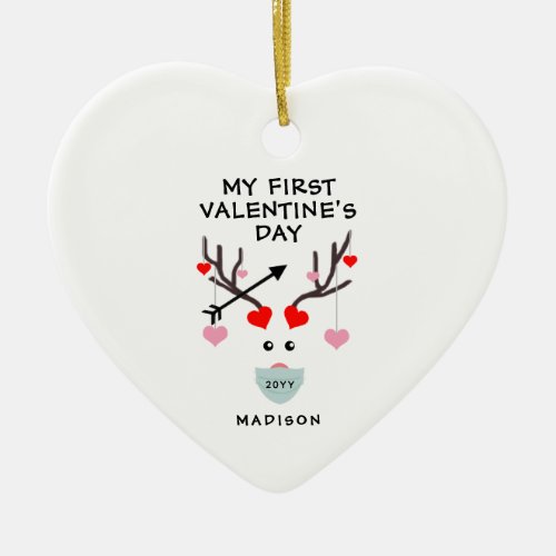 First Valentines Day Cute Baby Girl Deer Name Ceramic Ornament