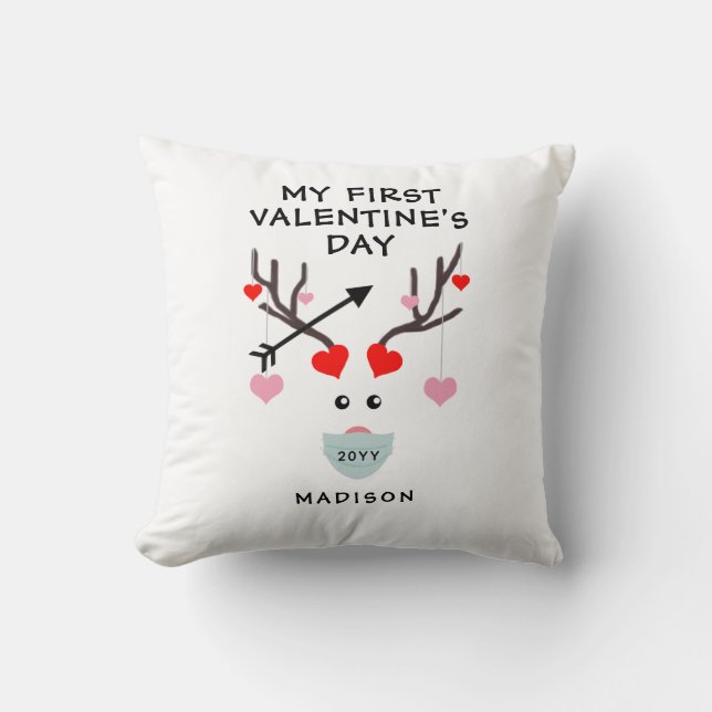 First Valentines Day Cute Baby Heart Deer Monogram Throw Pillow (Front)