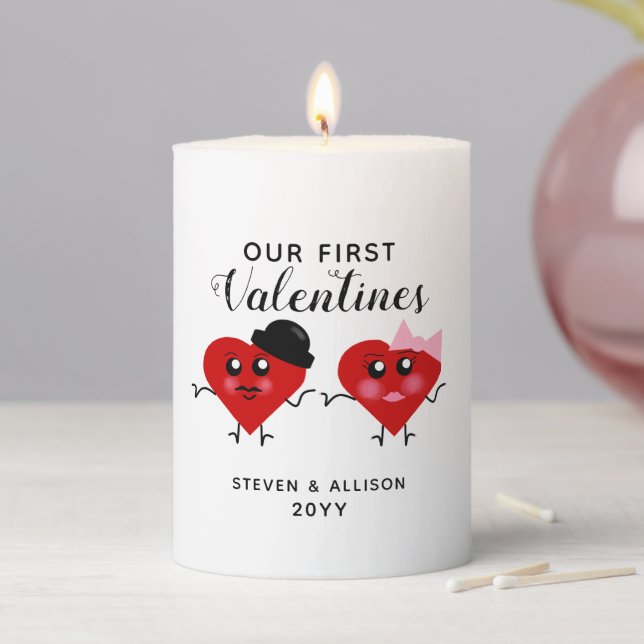First Valentines Day Funny Red Hearts Personalized Pillar Candle (In Situ)
