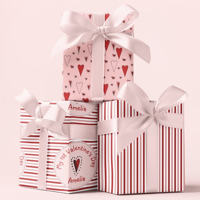 First Valentines Day Pink and Red Stripes & Hearts Wrapping Paper Sheets (Cute My 1st Valentine's Day Wrapping Paper for Baby Girl. Pink, Red and White Stripes & Red Hearts.)