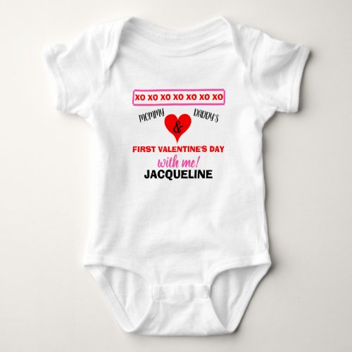 First Valentines Day Pink Girl NAME Baby Bodysuit