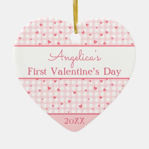 First Valentines Day Pink Plaid Hearts Baby Photo Ceramic Ornament